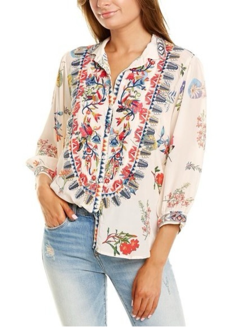 Biya Johnny Was Kadie 100% Silk Floral Embroidered Button Up Blouse M